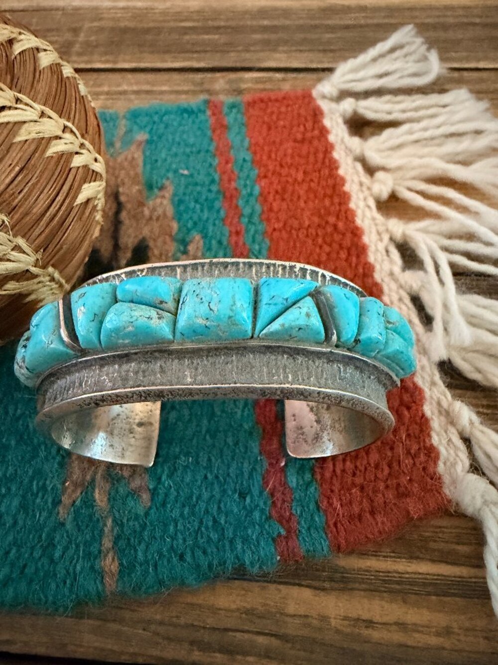 Handcrafted Old Pawn Sterling Silver & Turquoise Cobble Stone Inlay Cuff Bracele